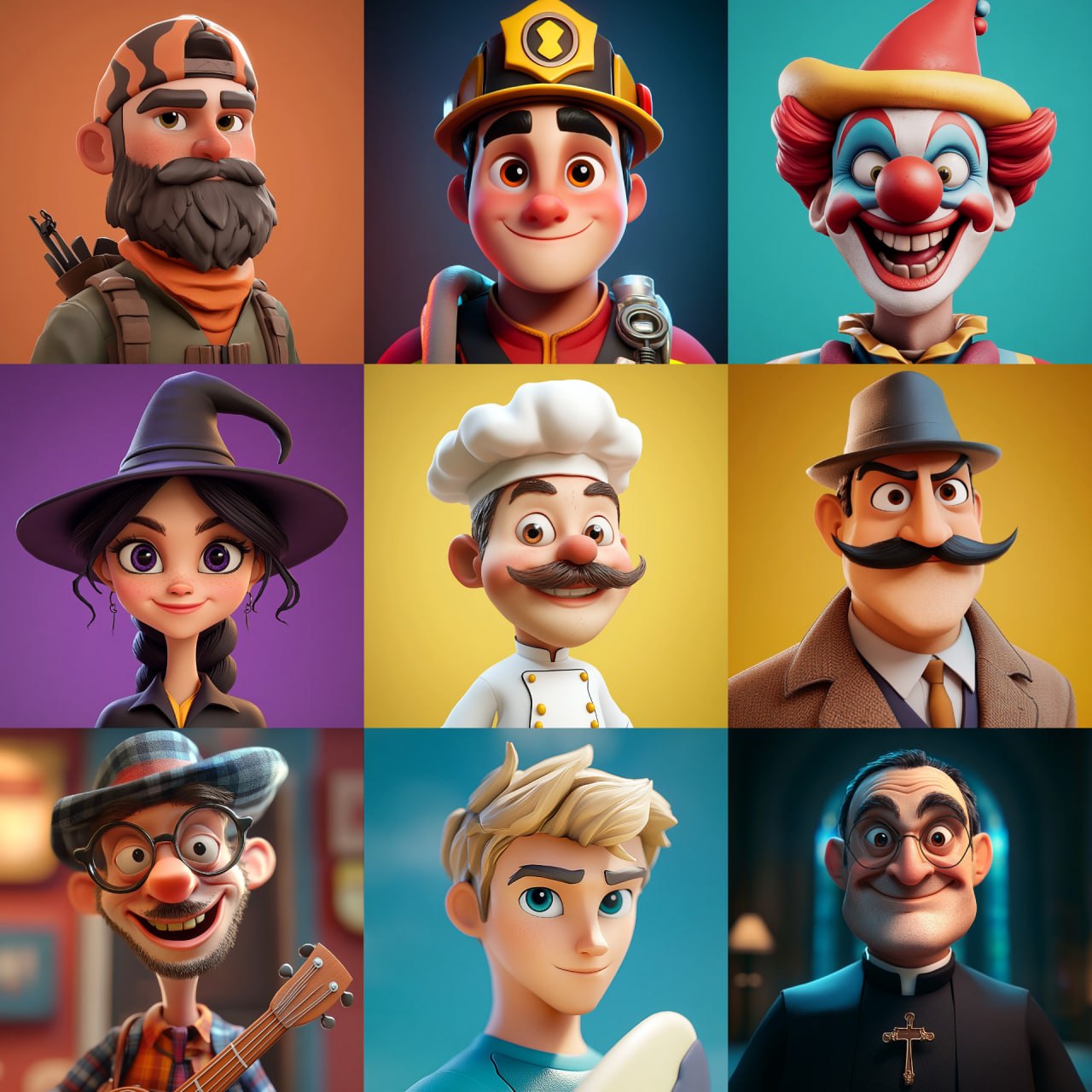 Промт для создания персонажей

Добавьте это слово вместо квадратных скобок:
1. hunter
2. fire fighter
3. clown
3. witch
5. chef
6. detective
7. busker
8. surfer
9. priest