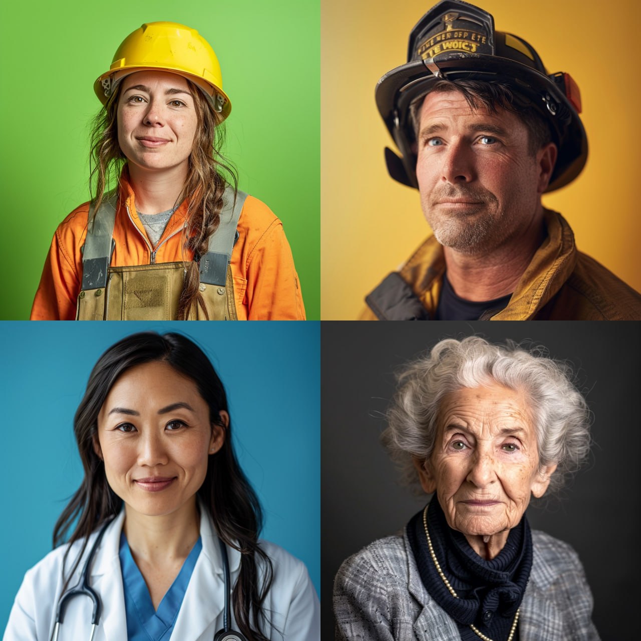 Портреты с указанием профессии/пола/возраста/фона

Пример: A realistic portrait of a 30 year old american woman, working as a plumber, on a lime green solid background, with soft and warm lighting, showcasing a friendly and approachable demeanor, shot with a Canon EOS R5 and a Canon RF 85mm f/1.2L USM lens at f/1.2 --ar 1:1 --v 6.0 --s 90 --style raw --seed 3622830951