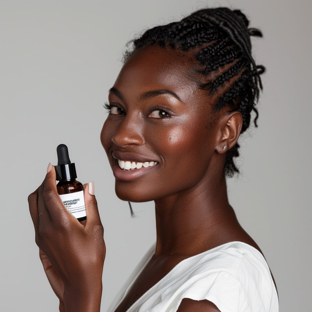 Девушка с темной кожей и заплетенными волосами, держит в руках сыворотку с витамином С