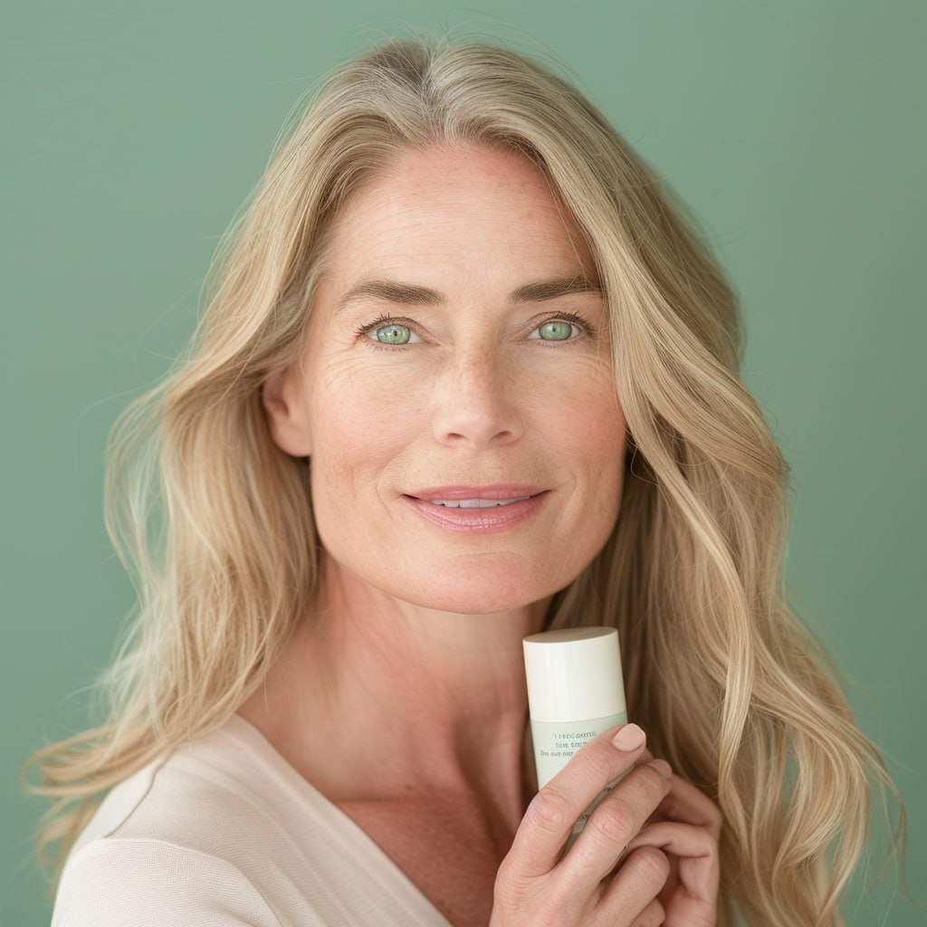 Женщина средних лет со светлой кожей, зелеными глазами и длинными светлыми волосами, держит в руках антивозрастной ночной крем