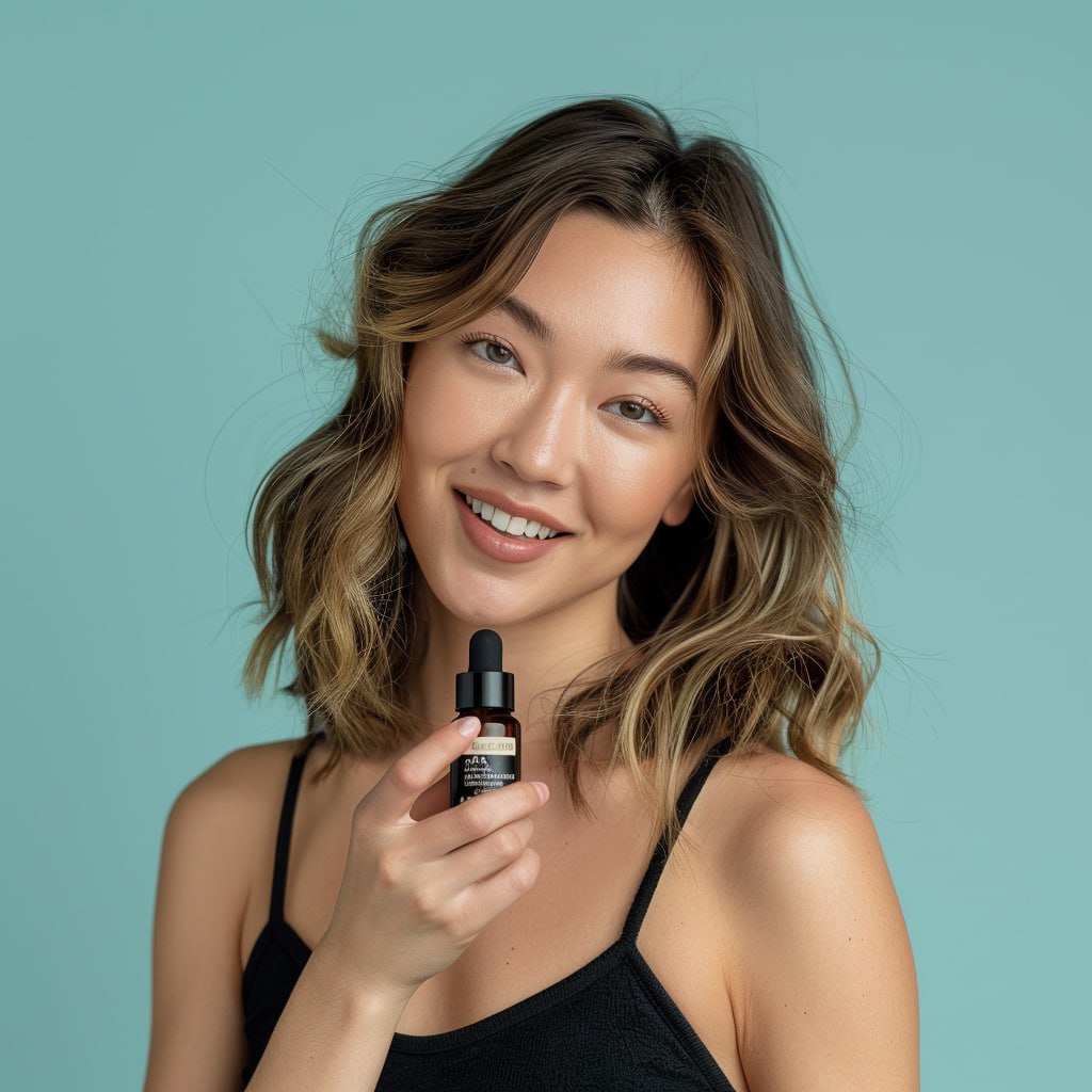 27-летняя девушка с азиатской внешностью и волнистыми волосами, держит в руках питательное масло для лица