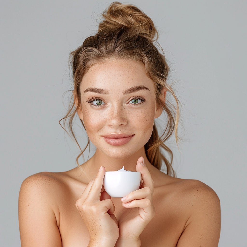 Девушка со светлой кожей и зелеными глазами, держит в руках увлажняющий крем для лица