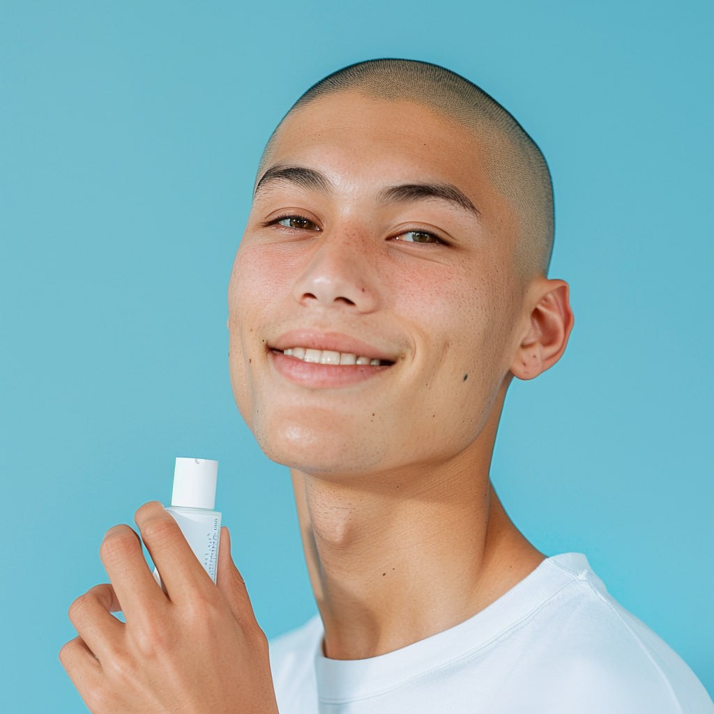 Молодой парень с бритой головой, держит в руках сыворотку с витамином С