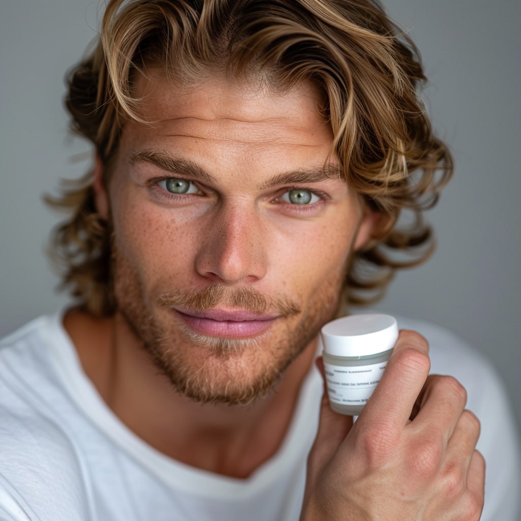Мужчина мускулистого телосложения со светлой кожей и зелеными глазами, держит в руках антивозрастной ночной крем