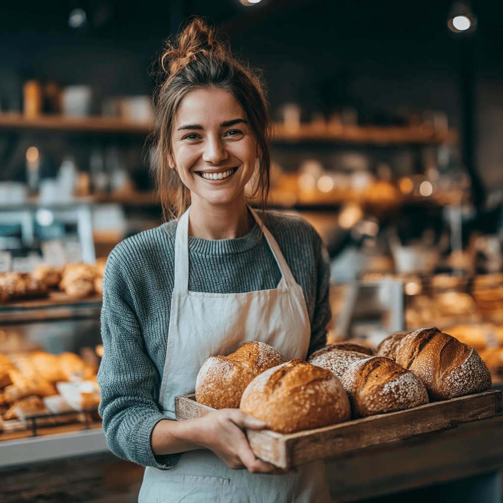 Женщина-пекарь, держит в руках поднос с хлебом, на фоне пекарни