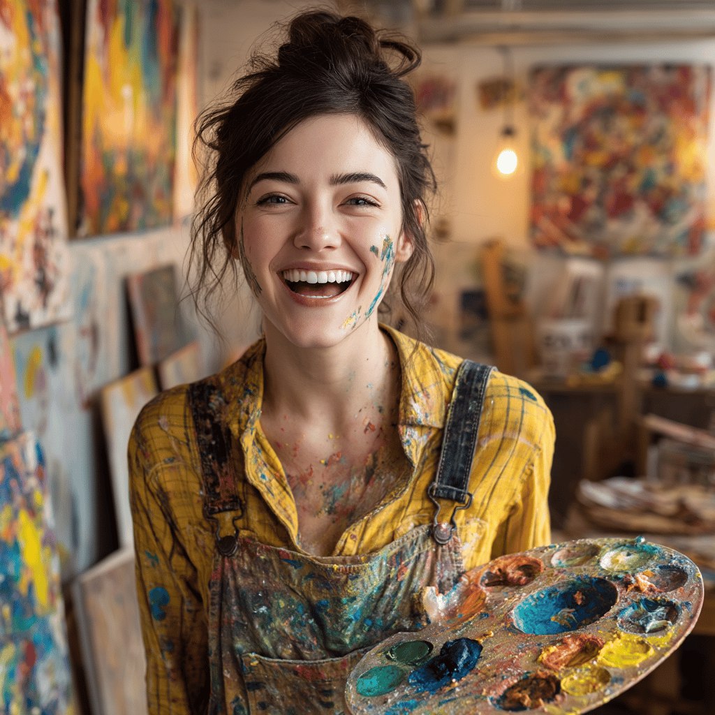 Художница в испачканной одежде, держит в руках палитру с красками, на фоне студии с холстами