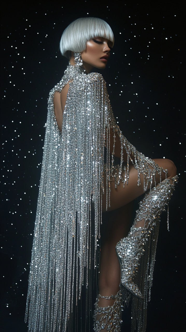 Накидка из серебрянных цепочек и кристаллов