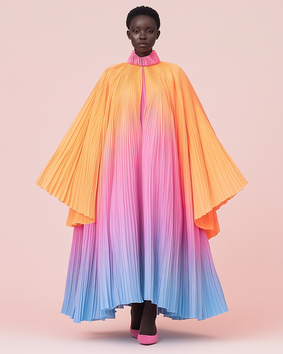 Сине-оранжевое платье-накидка со складками