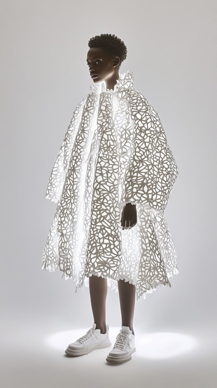 Объемное белое пальто из множества белых узоров с освещением