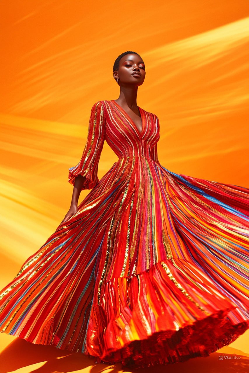 Длинное красное платье с полосами из ярких разноцветных нитей