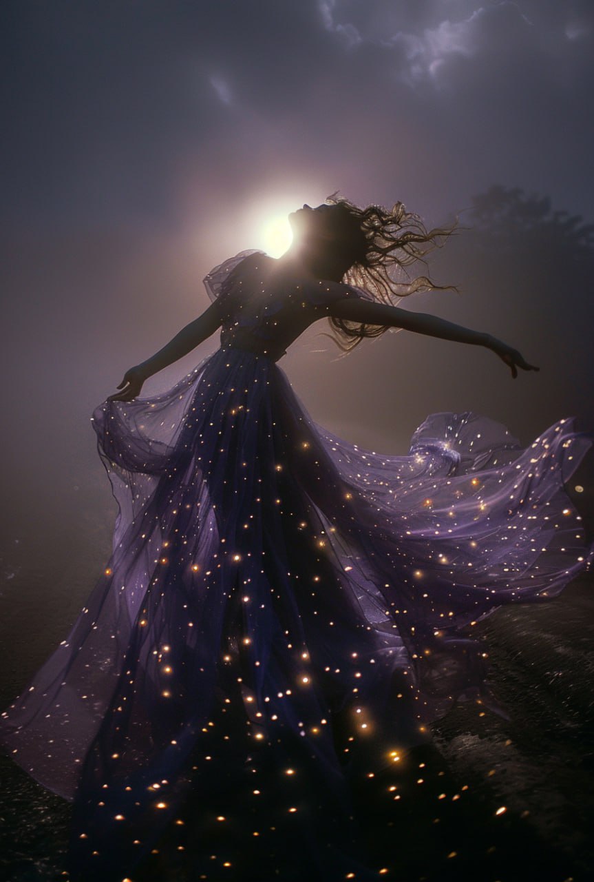 Прозрачное платье фиолетового цвета с золотыми звездами