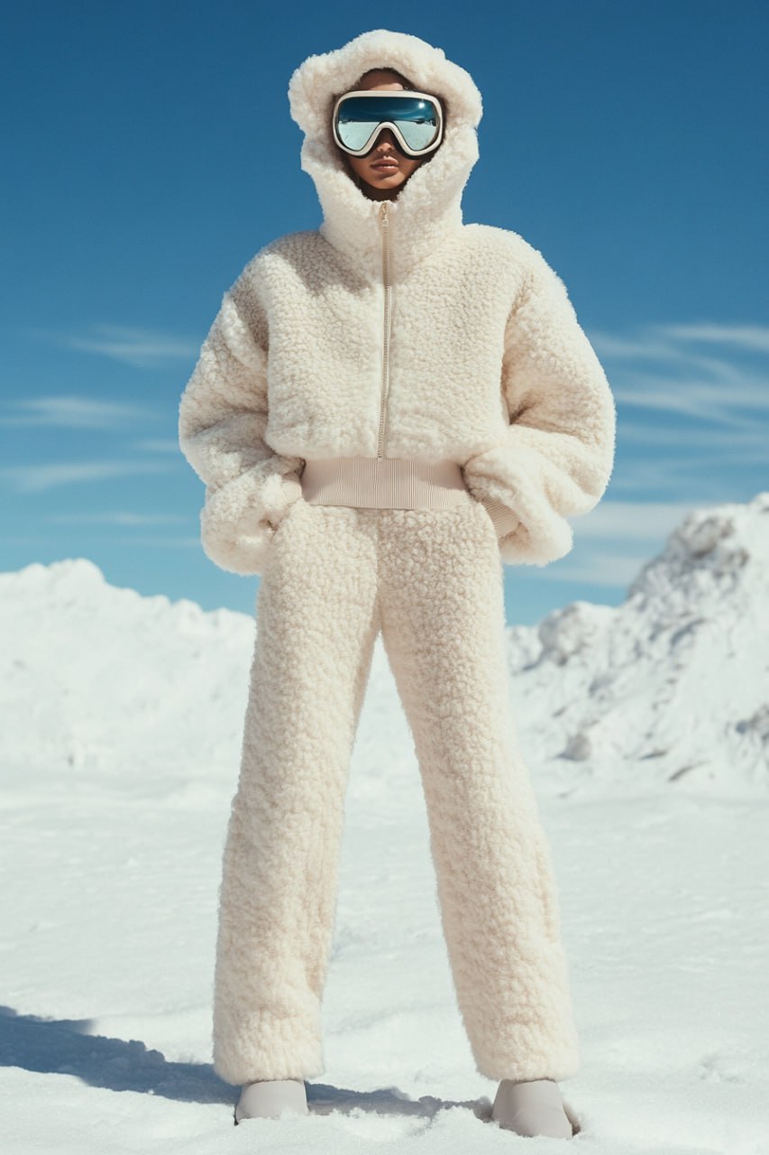 Зимний наряд: шерстяная плюшевая куртка кремового цвета и брюки свободного кроя
