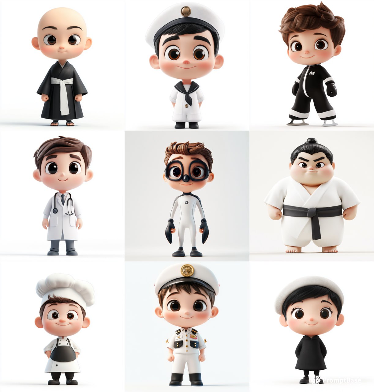 Гиперреалистичные персонажи 3D-мультфильмов

Вариации: monk, sailor, ice skater, doctor, diver, sumo wrestler, chef, pilot, artist