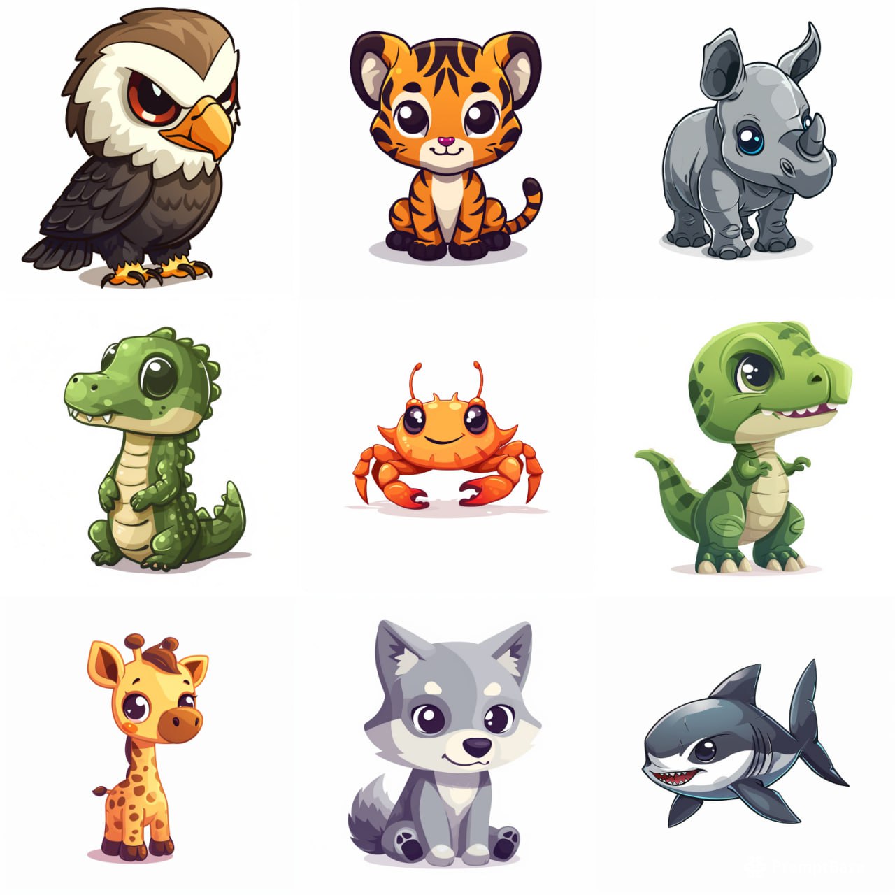 Чиби-животные

Вариации: eagle, tiger, rhinoceros, crocodile, orange crab, green t-rex, giraffe, gray wolf, shark