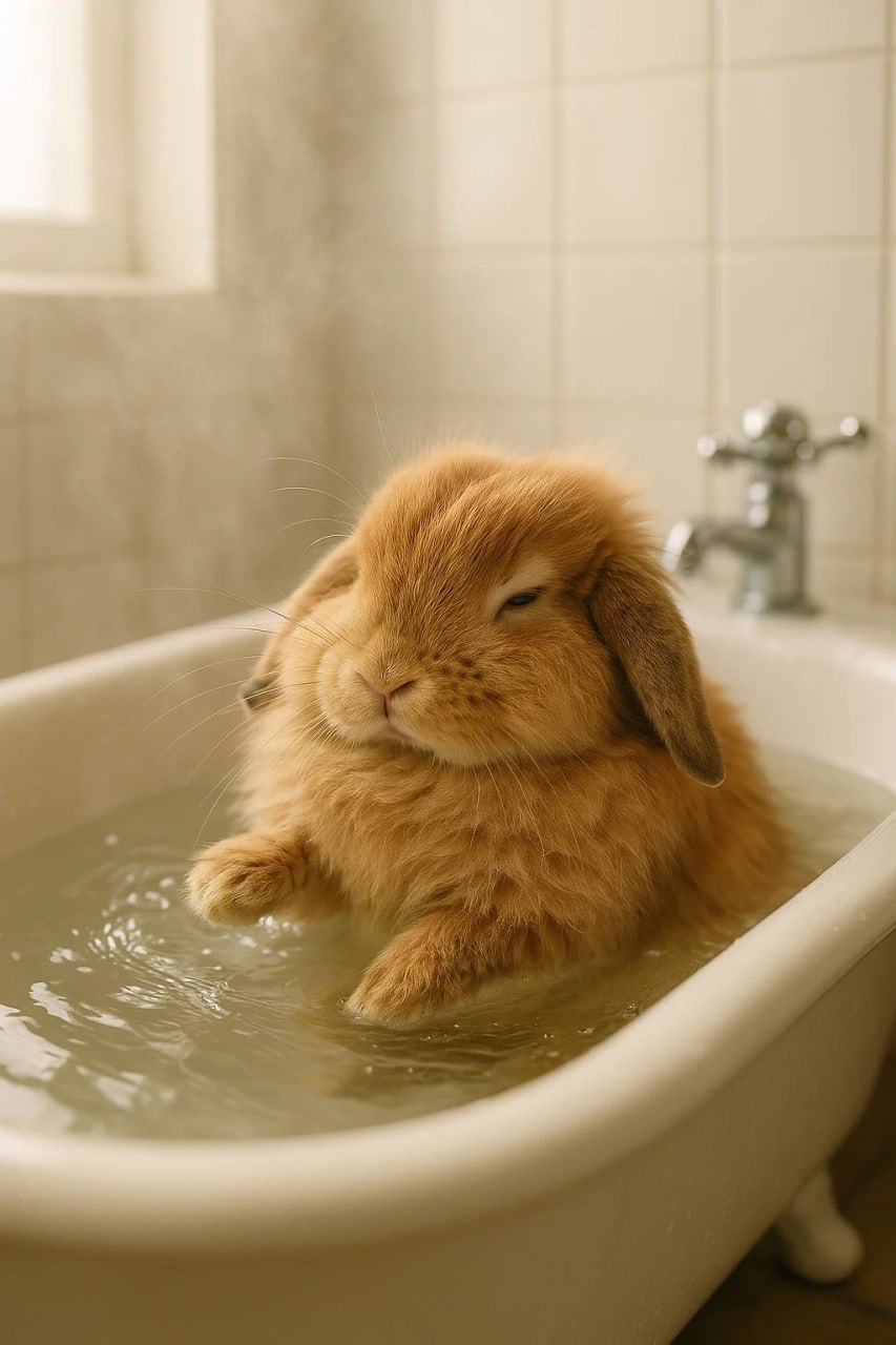 Фотореалистичный пушистый кролик расслабляется в небольшой ванне