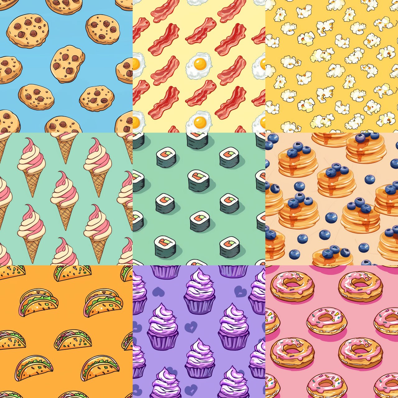 Бесшовный паттерн с едой. Вам останется указать в квадратных скобках желаемый вид продукта и цвет фона

Например:
1. crispy bacon strips and scrambled eggs, pastel yellow background
2. ice cream cones, mint green background
3. donuts, pick background
