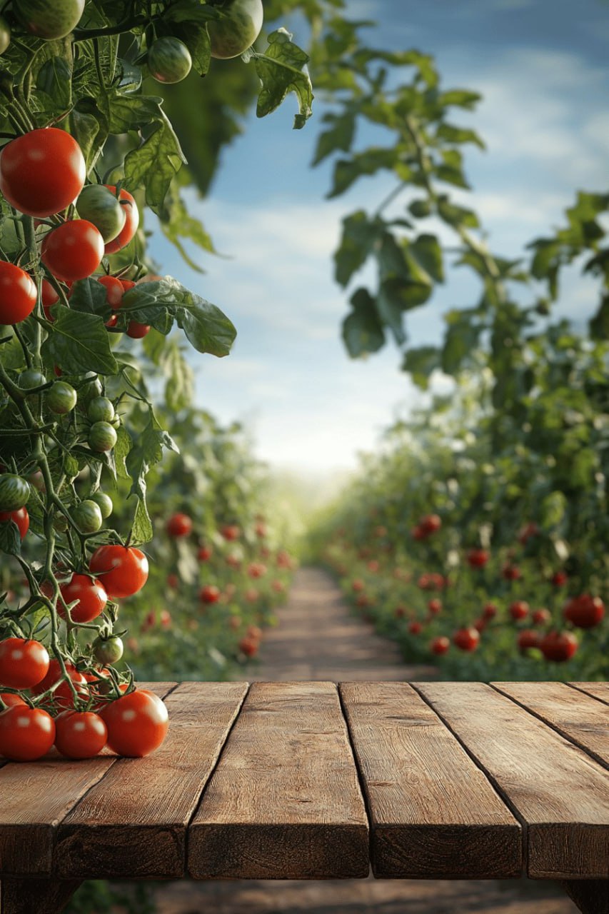Деревянный стол на фоне зеленых грядок и помидоров