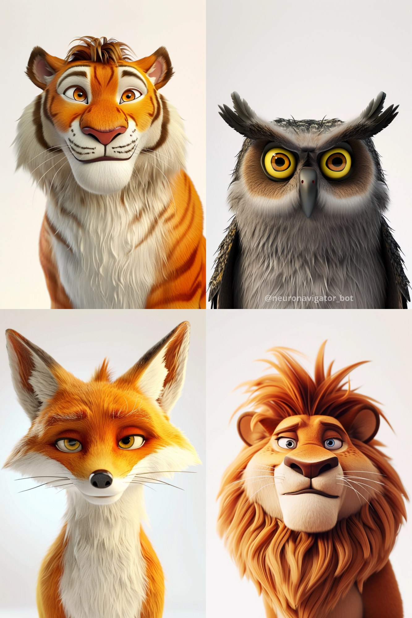 Мультяшные животные в 3D

Вариации: tiger, owl, fox, lion