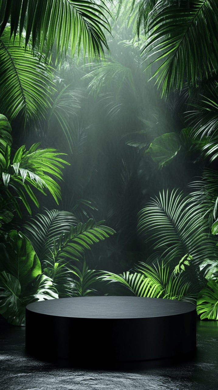 Черный подиум, окруженный зелеными пальмовыми листьями