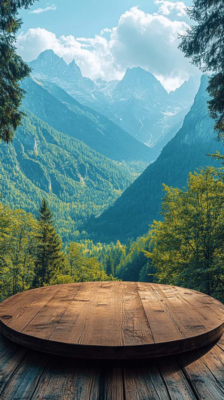 Сцена из дерева на фоне гор и леса