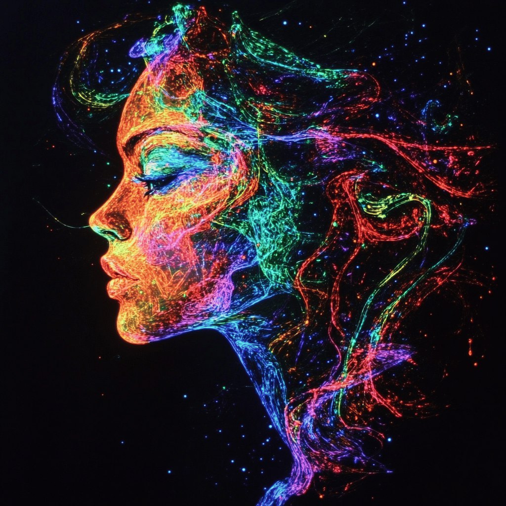 Радужный биолюминесцентный портрет женщины в сумеречных оттенках