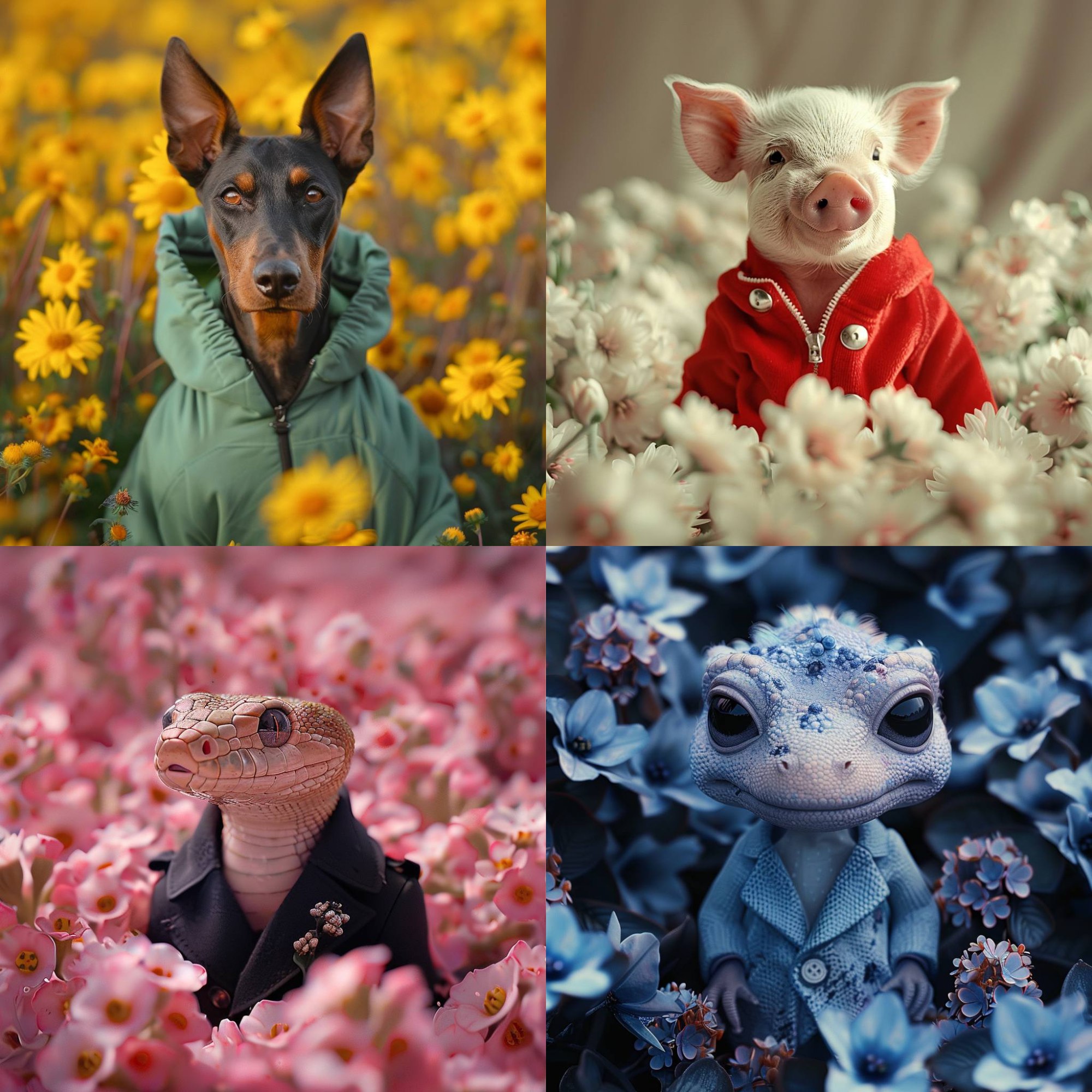 Миниатюрное животное в одежде стоит в море цветов
