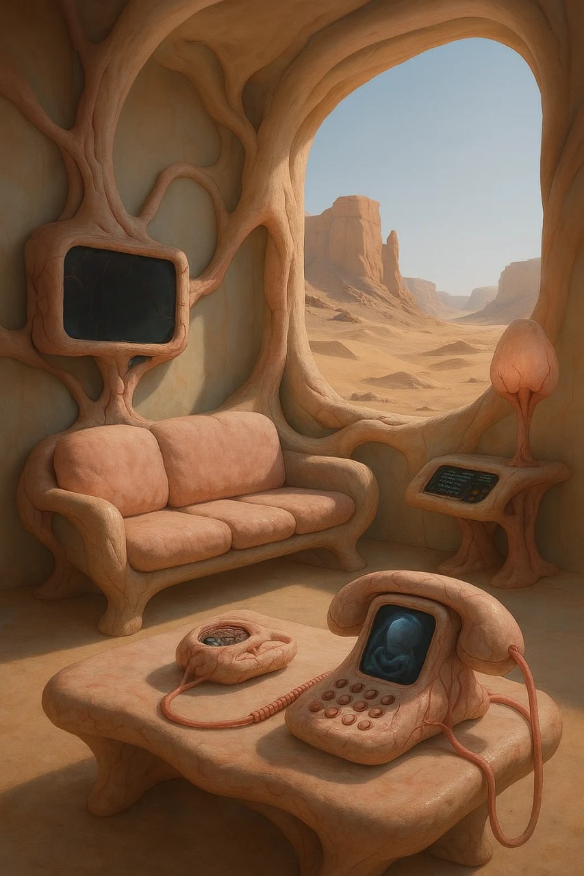 Интерьерная фотография, футуристический лофт в пустыне, органическая мебель растет из стен, пастельные тона, устройства будущего из плоти и вен.