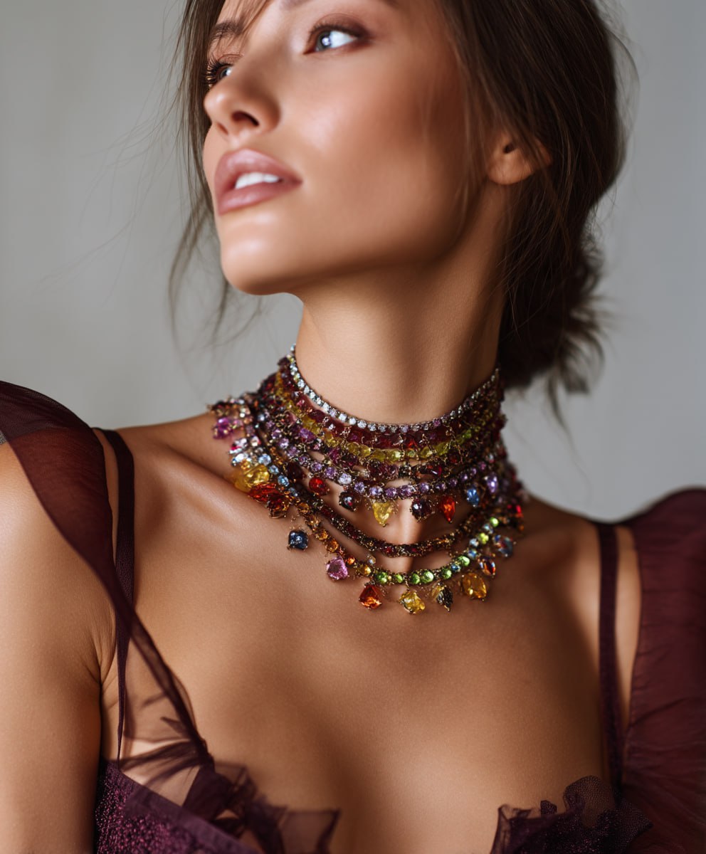 Разноцветные ожерелья из драгоценных камней