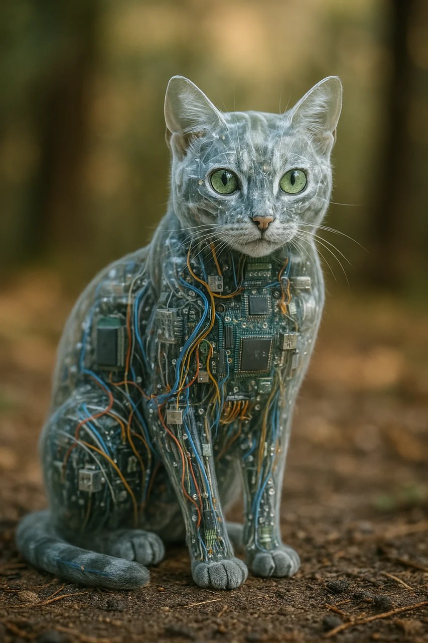 Прозрачный \[кот\], видны внутренности, сделанные из электроники.