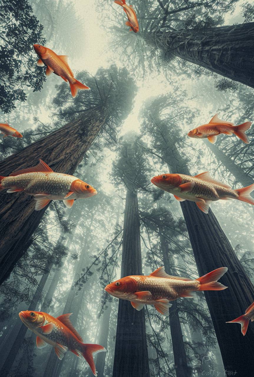 Рыбы-красноперки плывут в воздухе среди деревьев