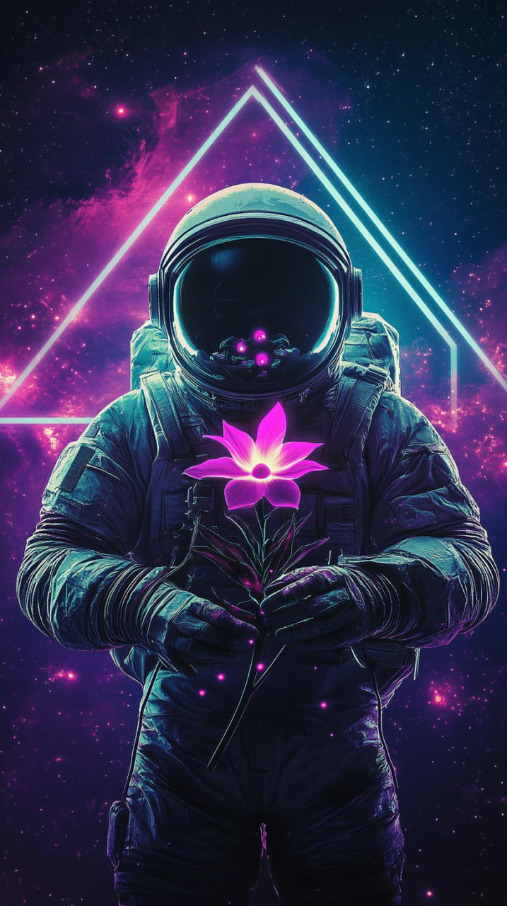 Ретро-футуристический постер с эстетикой vaporwave и киберпанка