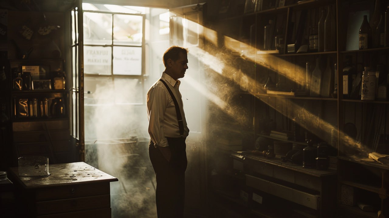 Кинематографичный стиль для создания персонажей к фильмам. Мужчина в антикварном магазине под лучом солнца