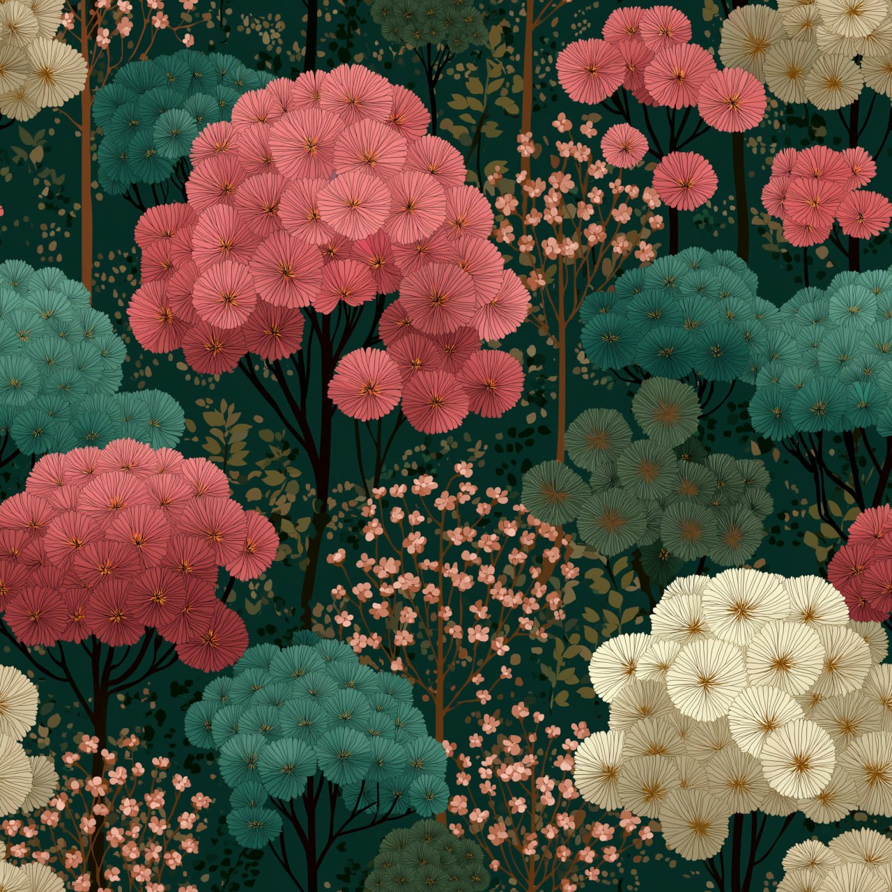 Бесшовный узор: цветы и деревья