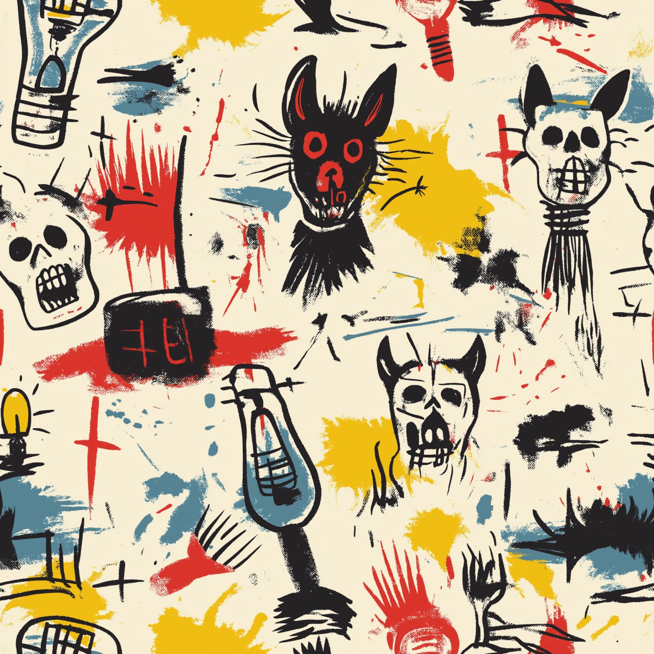 Бесшовный узор: дизайн с собаками, уличными фонарями и черепами в стиле Баския