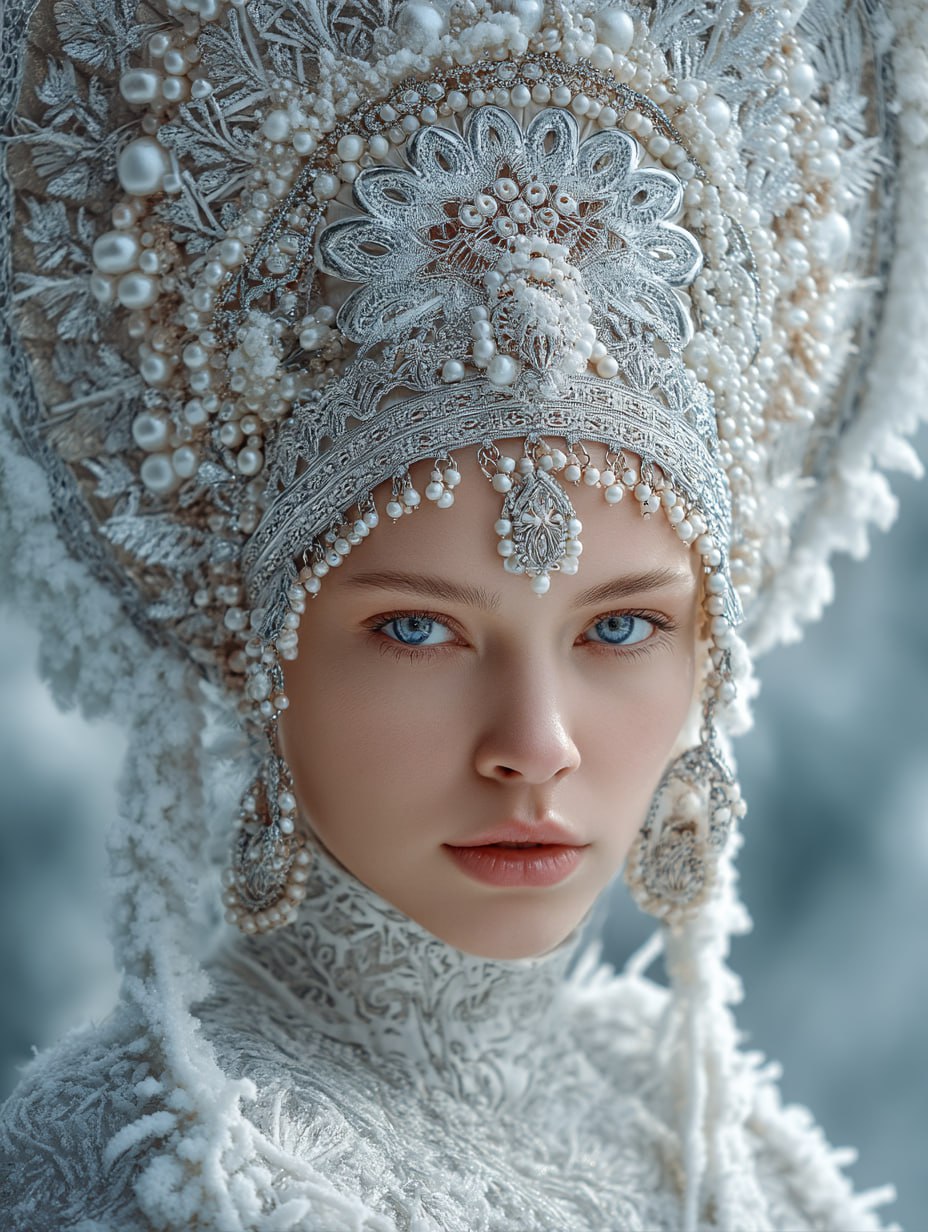 Девушка в образе Снегурочки, в кокошнике,