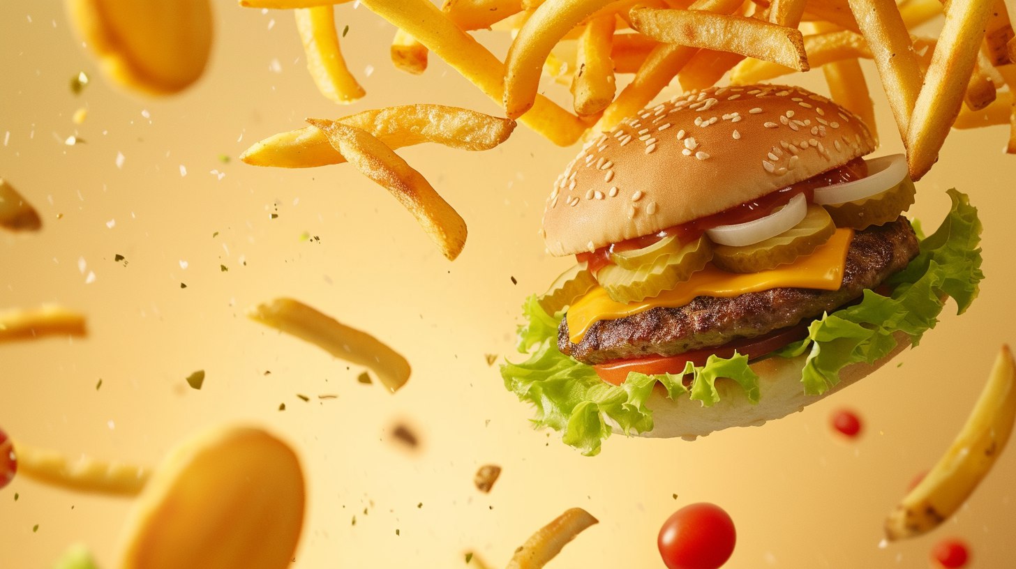Картошка фри и гамбургер на золотом фоне