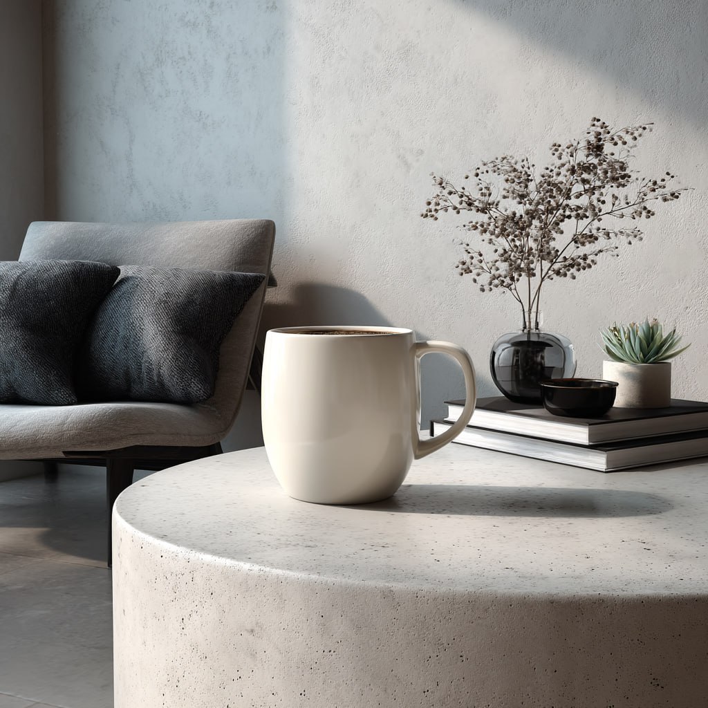 \[Белая кружка\] на бетонном журнальном столике в интерьере со скандинавским стилем