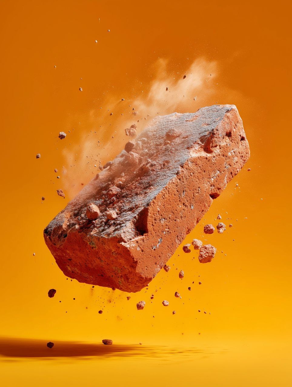 /img a orange \[brick\] crush floating in the air ,product photography, orange backdrop dust and particles, detailed concrete fracture --ar 3:4 --v 7 --style raw