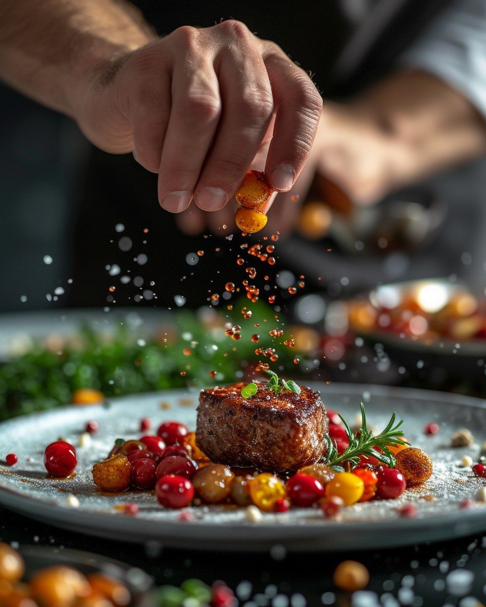 Повар украшает блюдо