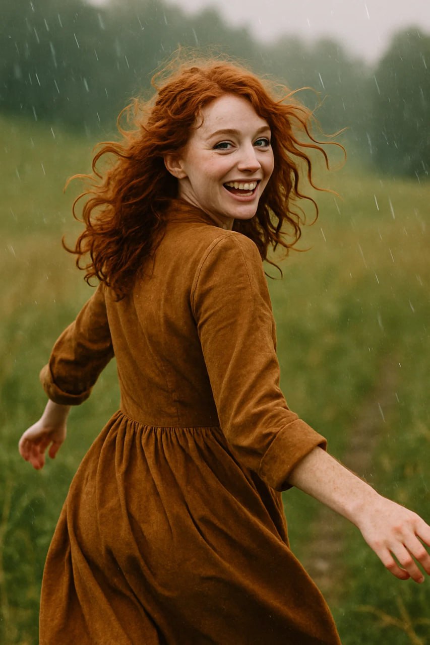 Девушка бежит под дождем