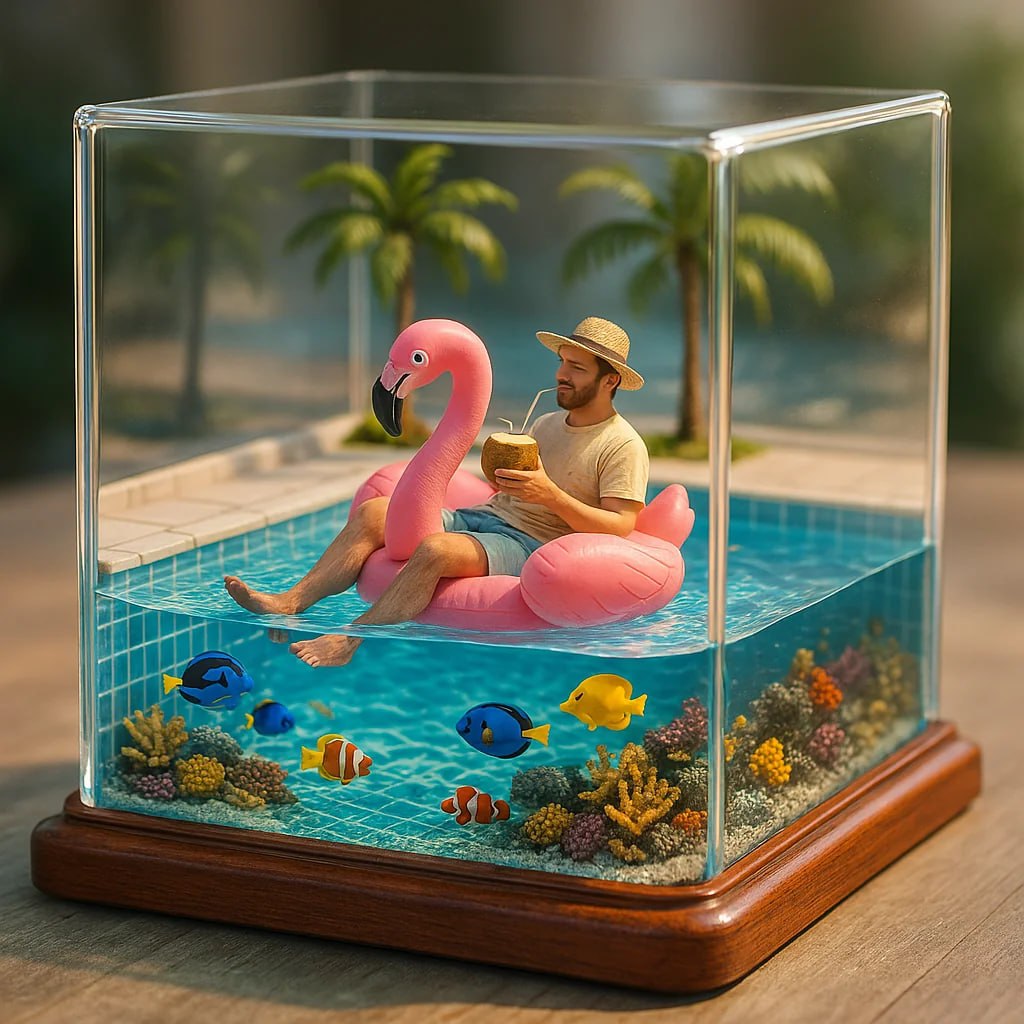 Гиперреалистичная миниатюрная диорама летнего бассейна, заключенная в прозрачный стеклянный корпус с полированным деревянным основанием. Мужчина отдыхает на большом розовом фламинго в кристально чистом бассейне.
