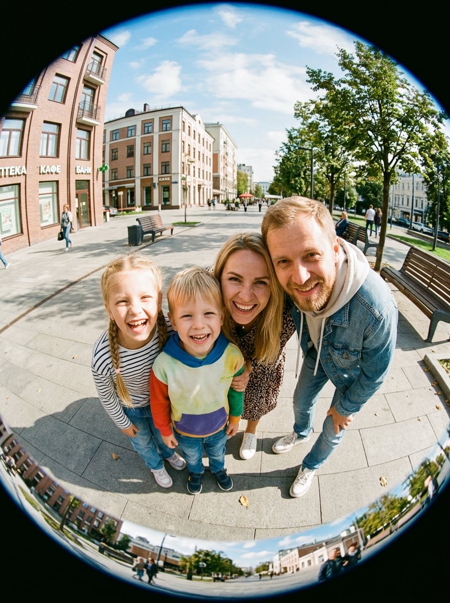 Семейное фото с помощью широкоугольного объектива (fisheye) - пример генерации изображения с помощью Nano Banana