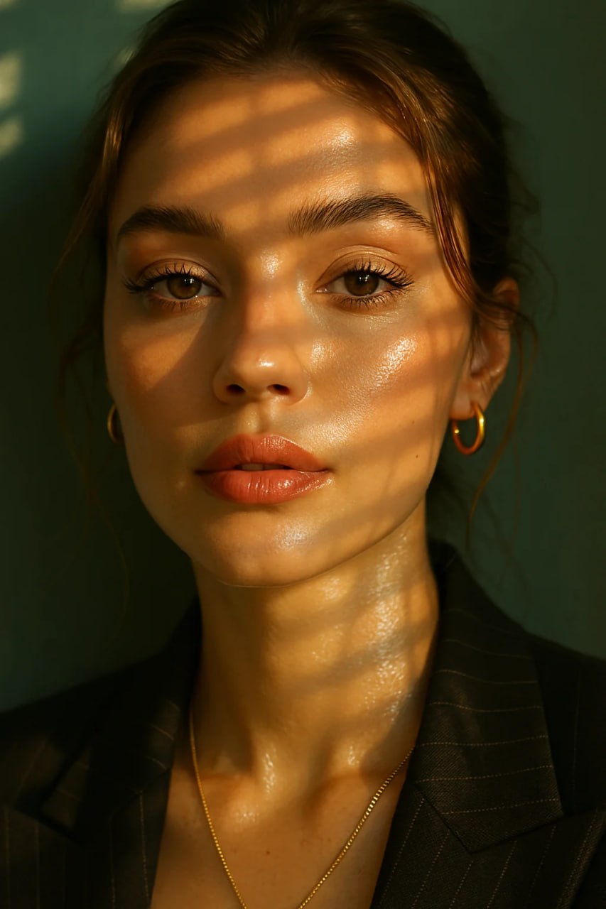 Портрет крупным планом молодой модели instagram, освещенный мягким теплым полуденным светом, проникающим через оконные жалюзи и создающим поразительные теневые узоры на ее лице