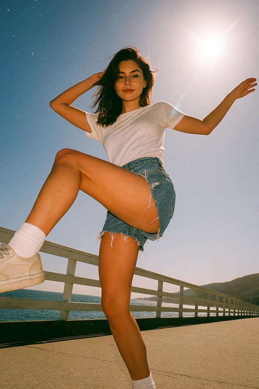 Фотография женщины, игриво позирующей на освещенном солнцем пирсе на фоне ясного голубого неба.