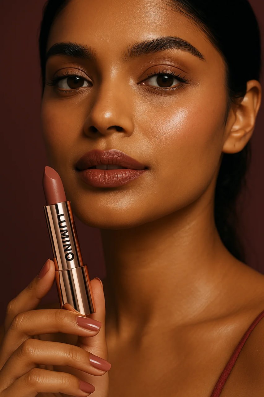 Молодая индийская модель, держащая роскошную розово-золотую помаду с надписью «LUMINQ»